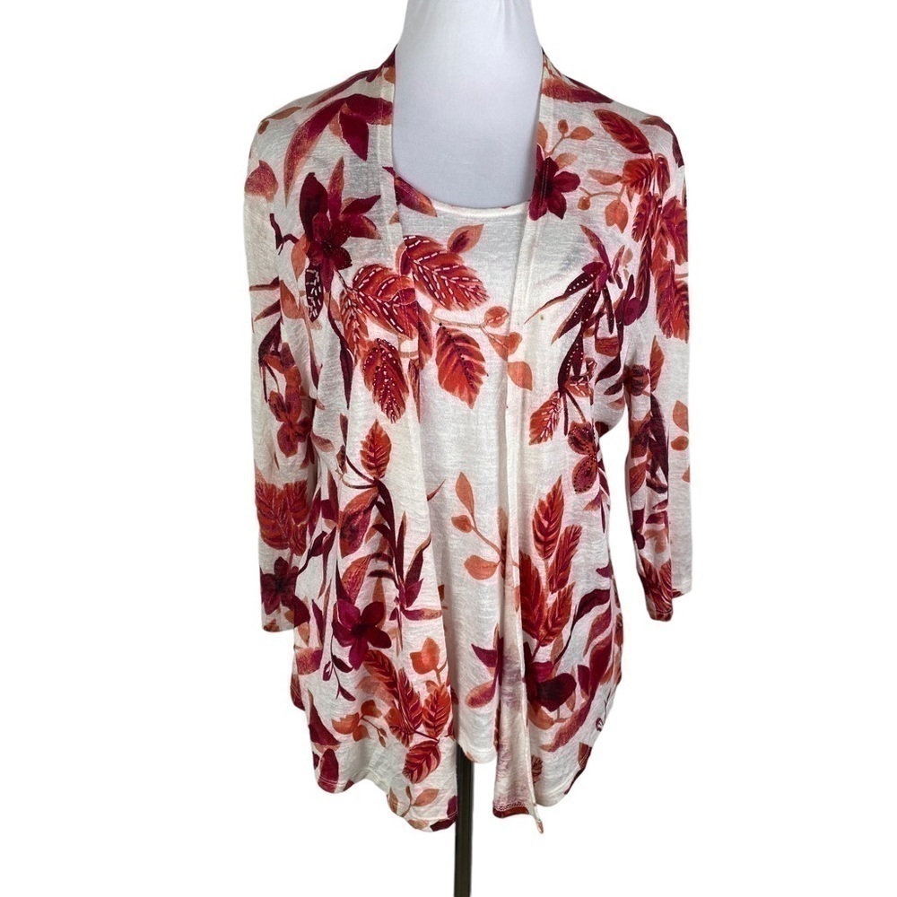 Leo Guy 2-Piece Floral Beaded Tank with Open Cardigan‎ Women's 4 Beige Pink Red